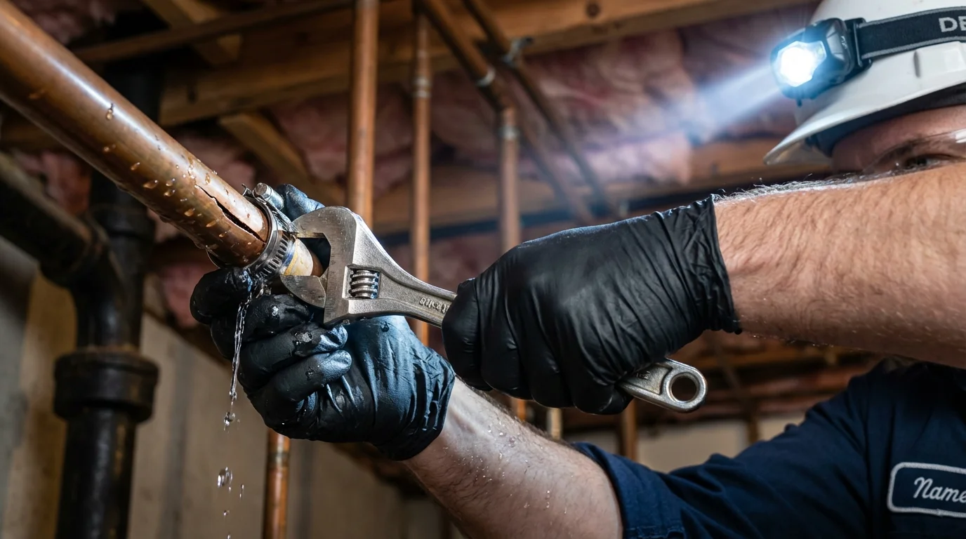 Emergency pipe clamp repair being performed by a Johns Plumbing LLC plumber in Lakeview