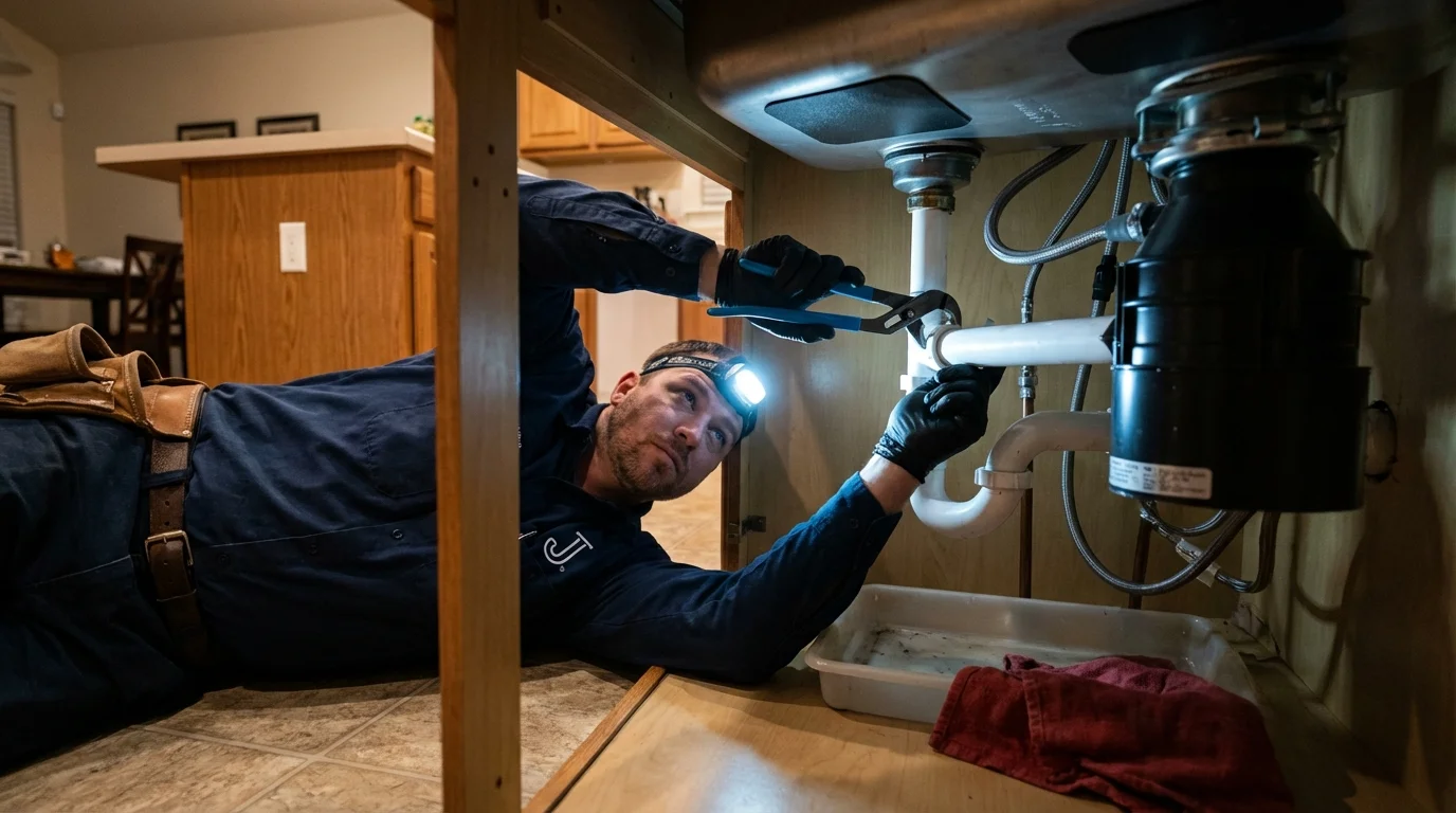 P-trap and supply line connections under a kitchen sink showing a common leak point in Lakeview, OR